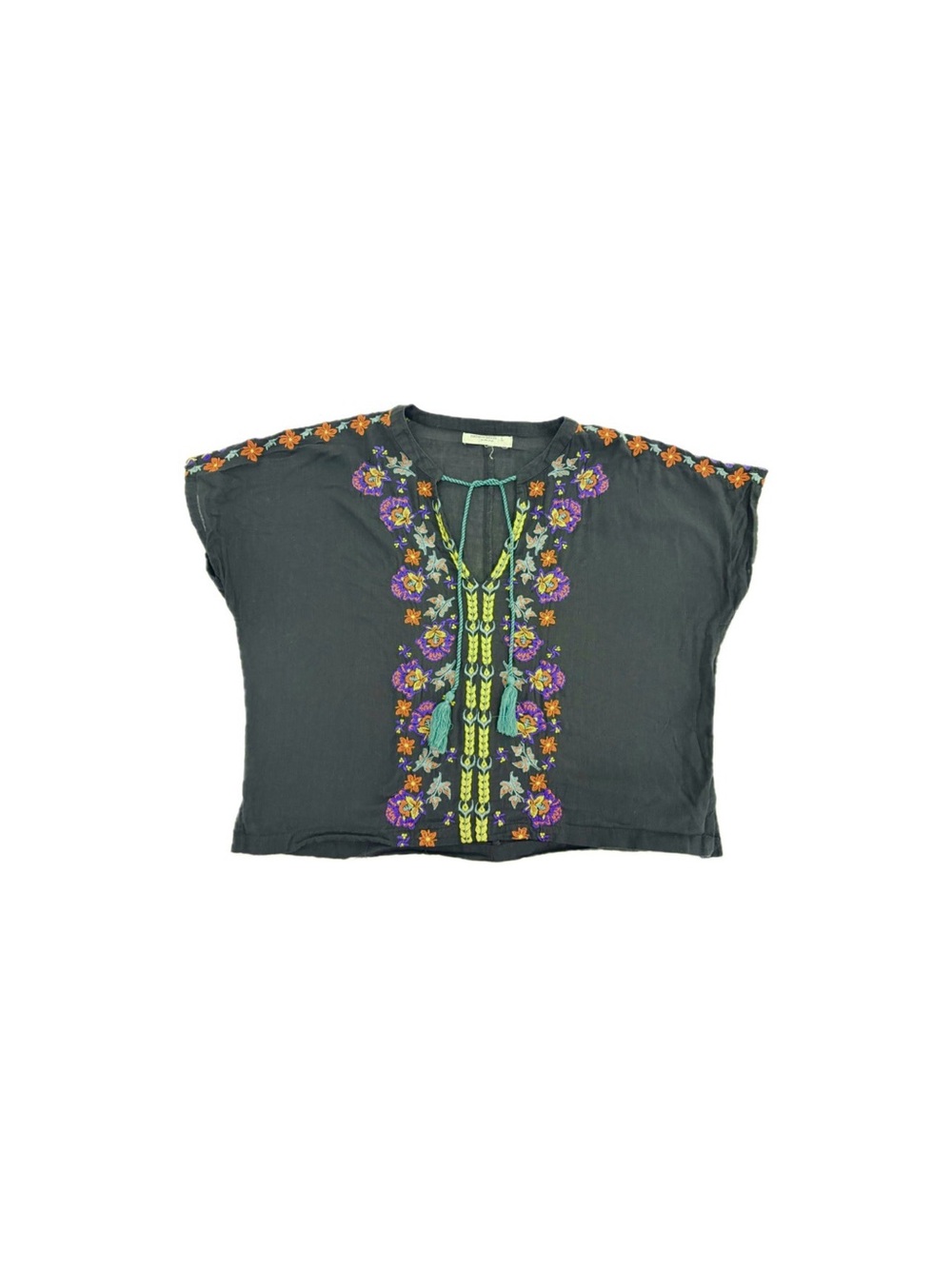 Natural Life Embroidered Women’s Floral Boho Tassel Top Charcoal – Size Large